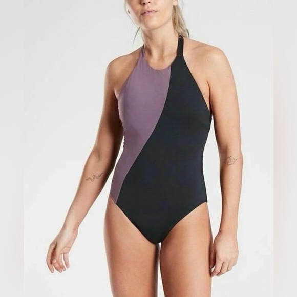 Athleta Other - Athleta High-Neck Colorblock One-Piece Swimsuit Size Small Black/ Violet NWT